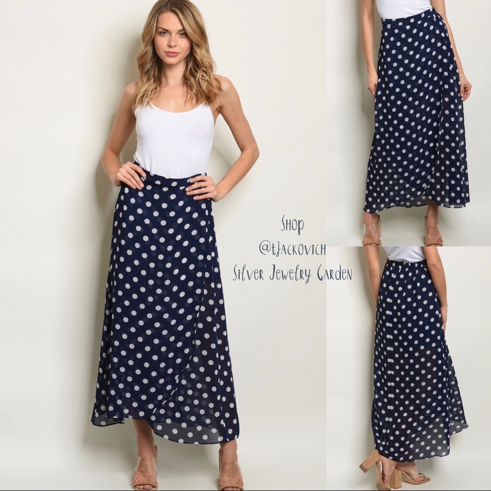 Navy with White Dots Full Length Maxi Skirt